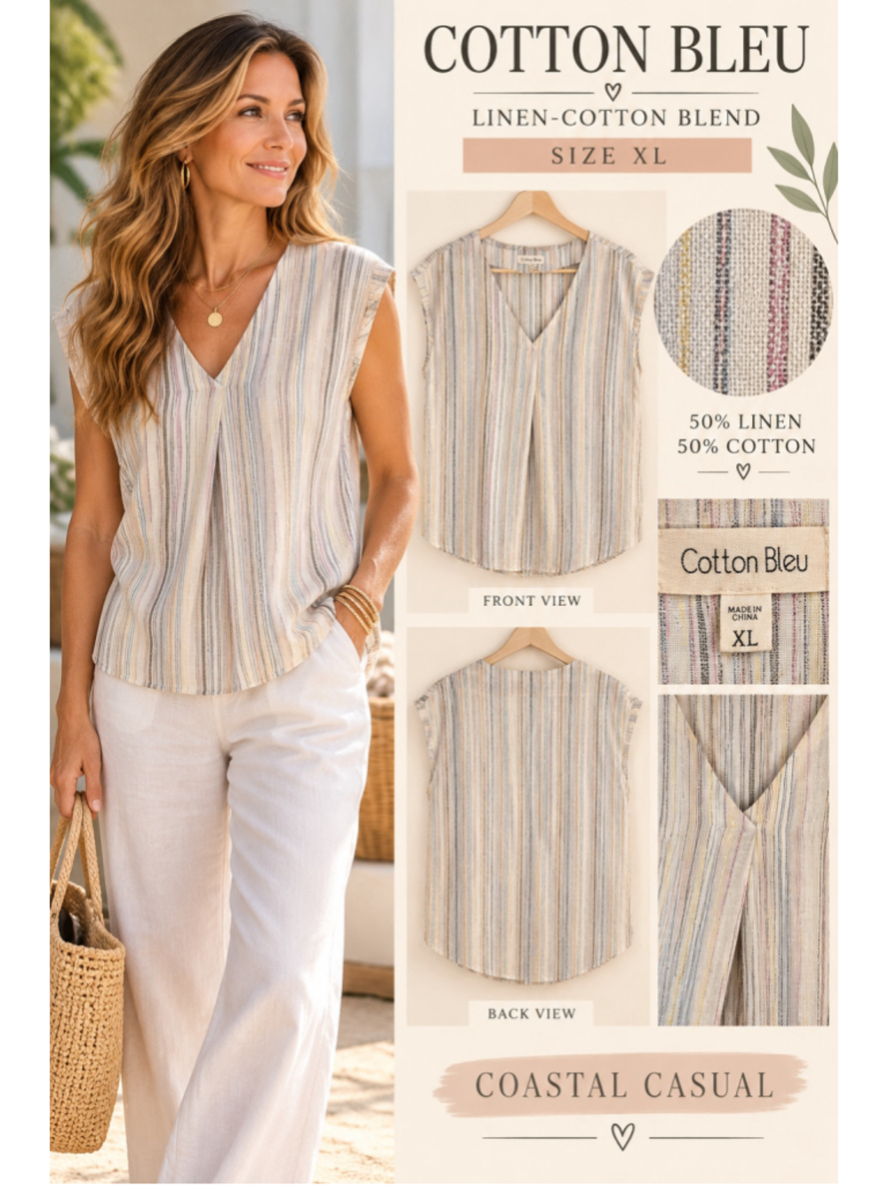 Cotton Bleu Linen Cotton Blend Striped Cap Sleeve V-Neck Blouse Cream XL JC-400